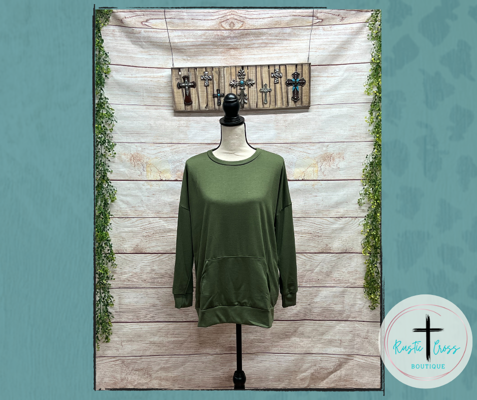 Olive Longsleeve Top with Kangaroo Pocket